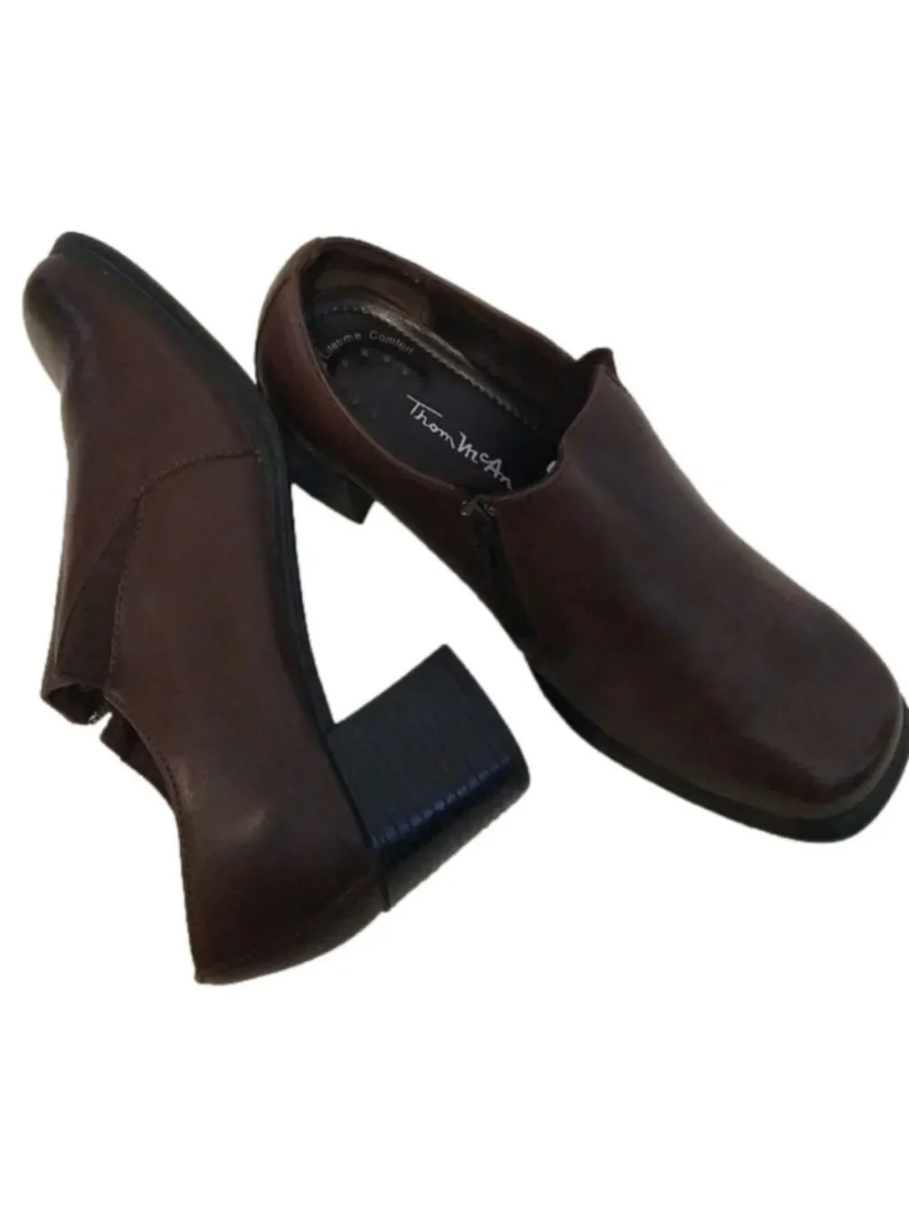 Thom McAn Dark Brown Leather Square Toe Stacked Heel Slip On Ankle Booties